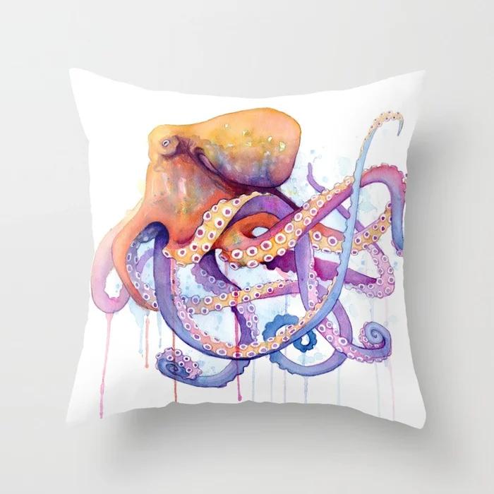 Watercolor Ocean Theme Pillowcase Starfish Octopus Mermaid Crab Cushion Cover Home Sofa Bedroom Decoration  Ornament