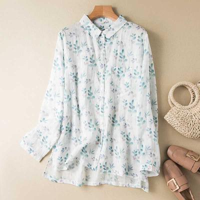 Spring and Summer Retro Printed Shirt Women's Cotton and Linen Literary Loose Casual Long-sleeved Top  Clothes