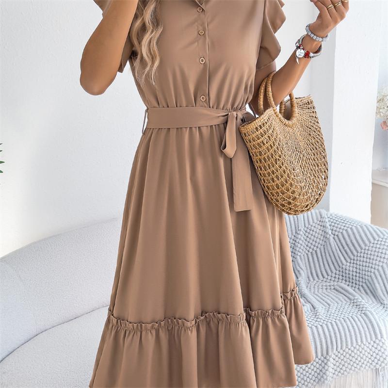 2026 Spring/Summer Women's Stand up Collar Ruffle Lace Waist Shirt Skirt S-XL