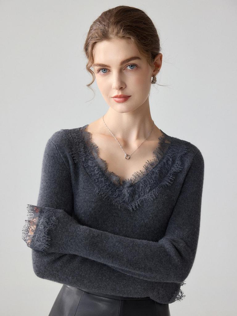 Suéter Feminino 100% Caxemira Pura com Gola V e Acabamento em Renda, Manga Longa, Malha de Corte Justo para Outono e Inverno