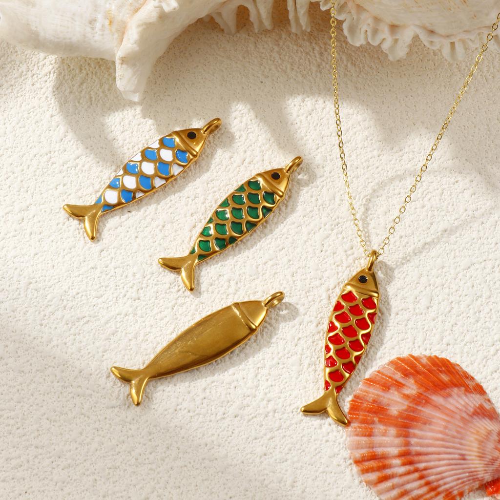 2 PCS 304 Stainless Steel Ocean Jewelry Pendants 18K Gold Plated Enamel Fish Animal 3D Charms For Keychains Necklace 4.9cmx1.3cm