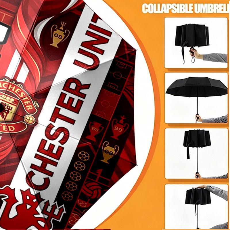 Custom Name Personalized Manchester United Print Umbrella, Auto Open Close, 8‑Rib Sturdy Frame, Commute Camping Hiking Use, Birthday Gift