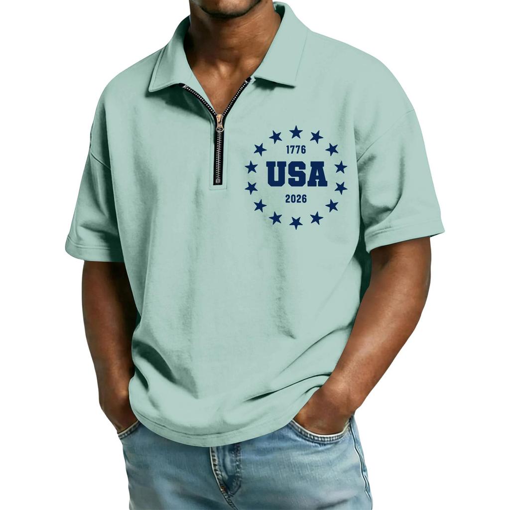 Men's Casual Loose Fit Polo Shirt with Zip Front Collar and Star Circle Letter Print USA Graphic Short Sleeve Top for Summer