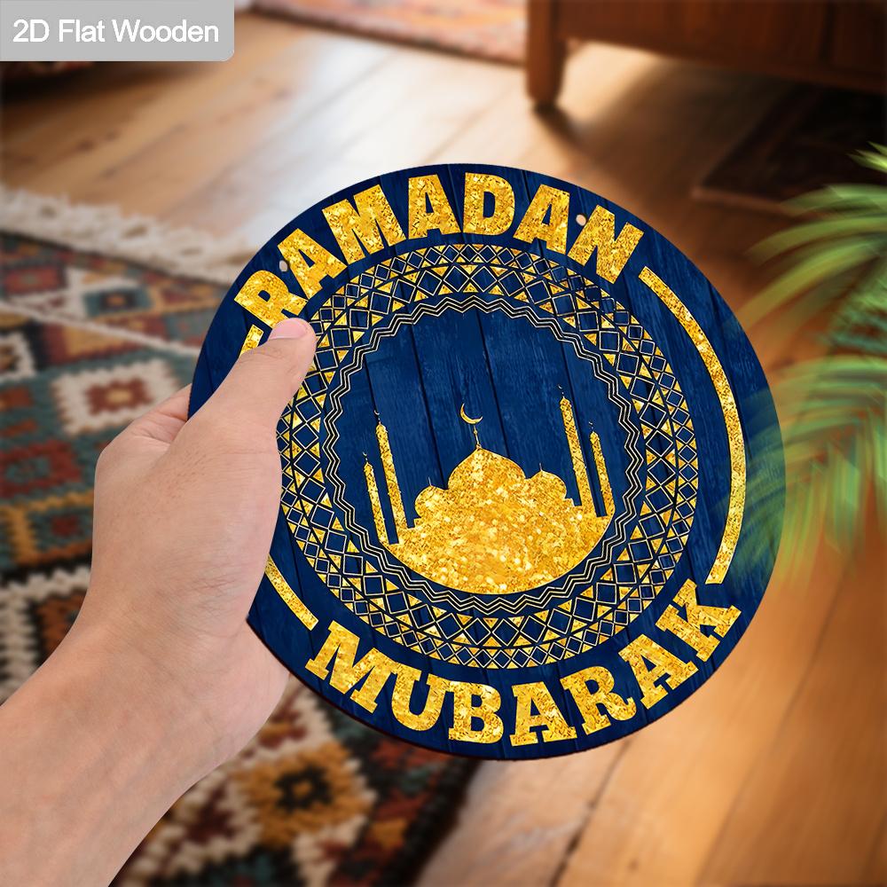 2D Flat Islamic Ramadan Wooden Round Hanging Sign - Islamic Golden Print Art Plaque Decor for Ramadan, Eid, Muslim Home Front Door & Religious Gift