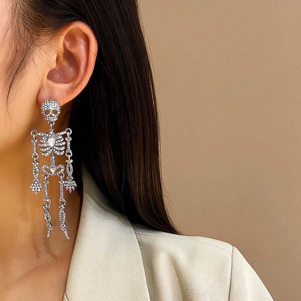Shiny Rhinestone Skull Earrings Punk Style Halloween Party Jewelry Skeleton Pendant Earrings  Lady