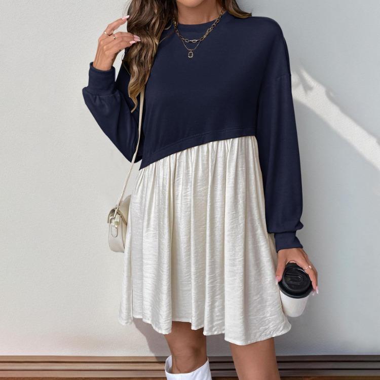 Women Long Sleeve A Line High Waist Pleated Color Block O Neck Long Dress Spring Summer