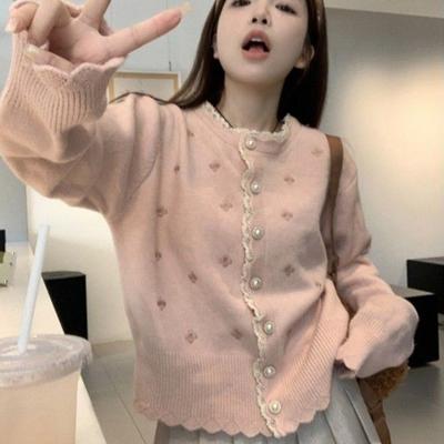 Rosa Schleife Spitzenstrick Patchwork Strickjacke neue süße Jacke Pullover Top gestrickt Langarm