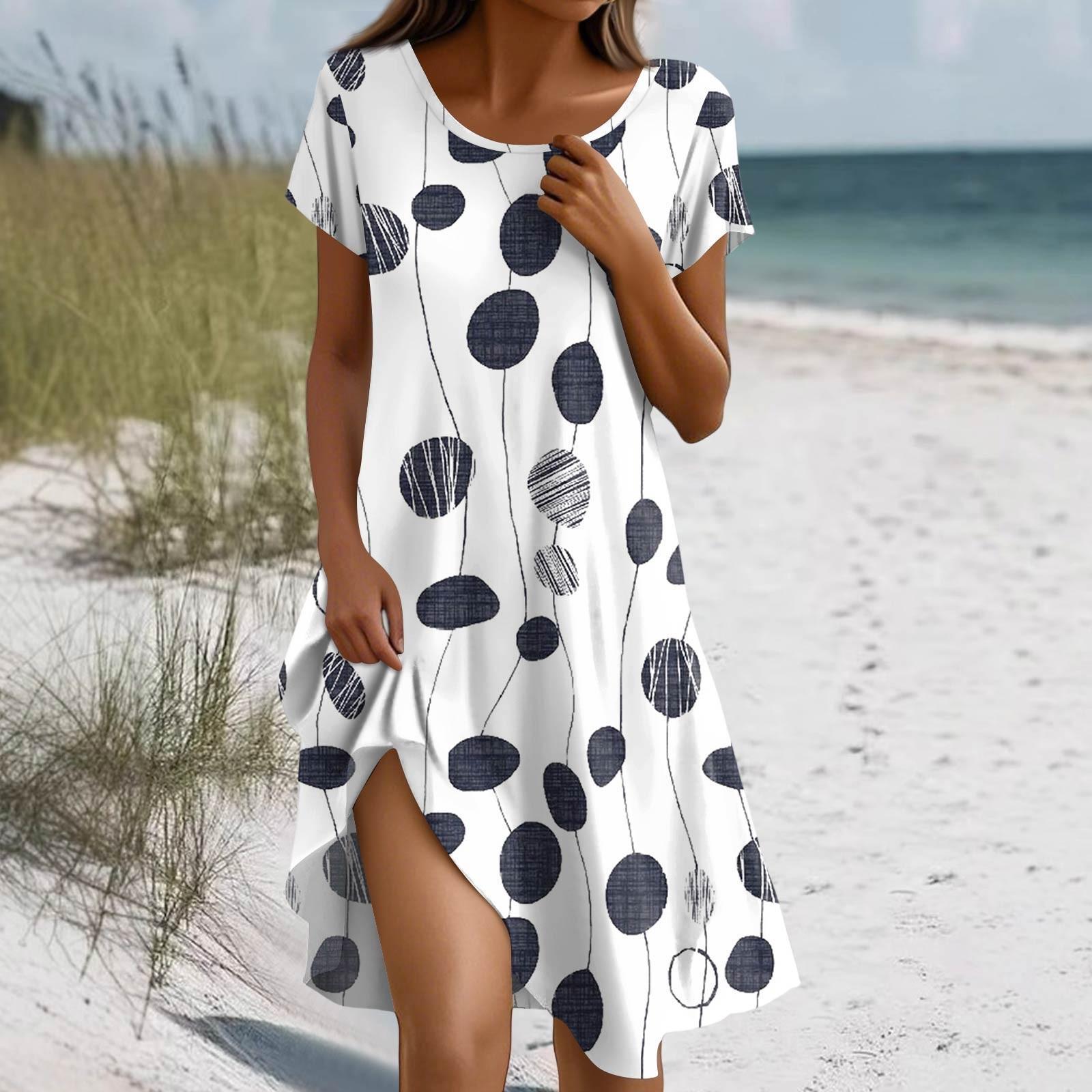 

Платье в стиле бохо с коротким рукавом для женщин, повседневное, свободного кроя, летнее, сарафан с цветочным принтом и карманами XXL тёмно-синий