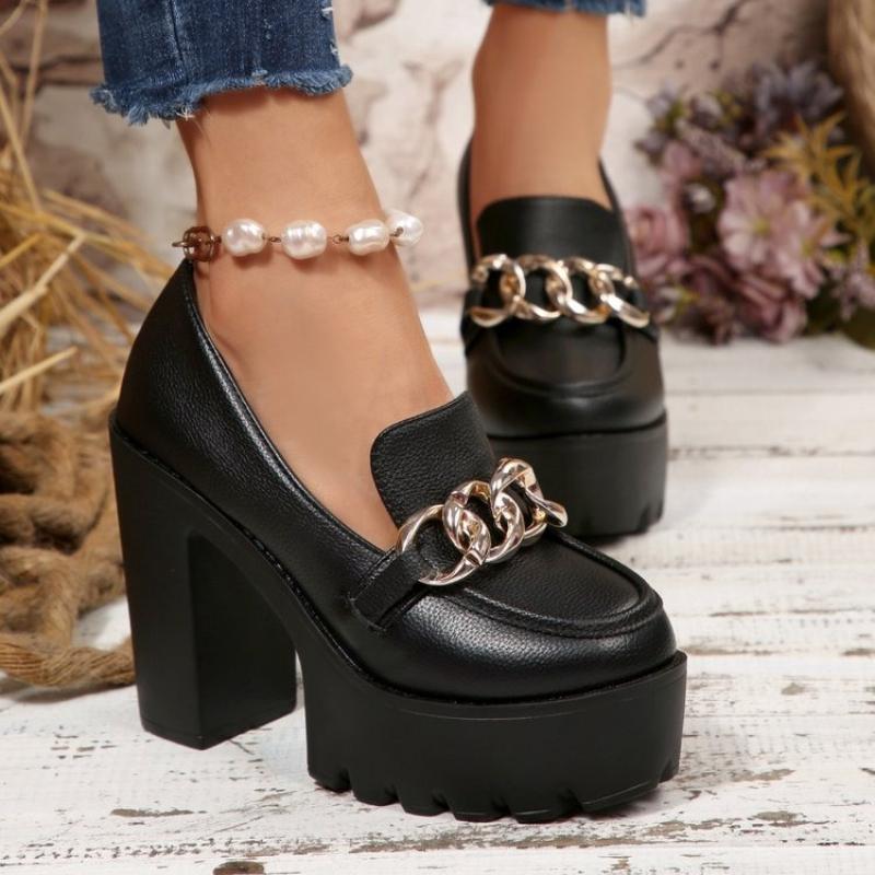 2026 Super High Heel Einzelne Schuhe Herbst Neu Runde Zehenpartie Mittlerer Ausschnitt Plateau Zum Hineinschlüpfen Rutschfest Blockabsatz Schuhe