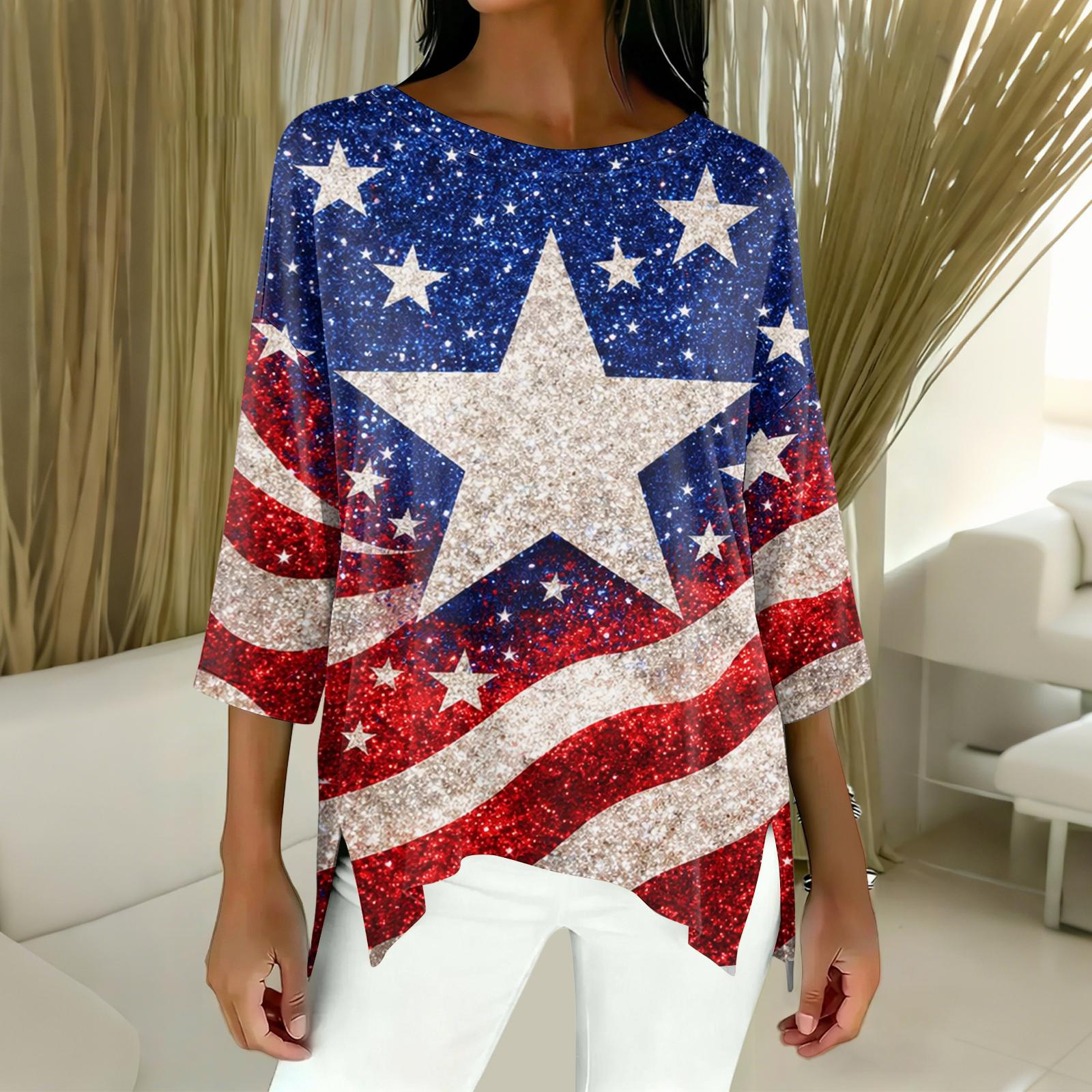 Women s Fashion Independence Day Print Three-Quarter Sleeve Top XXL