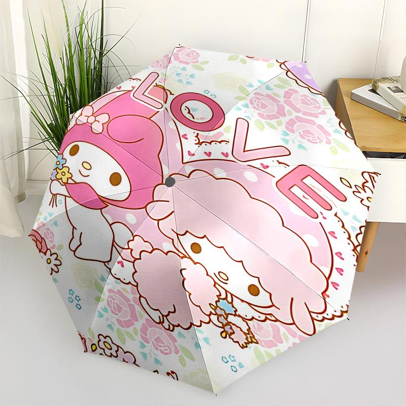 

1pc My Melody & Little My Love Floral Print Automatic Folding Umbrella - Portable 3-Fold Design with Iron Frame, Perfect Gift for Fans, Travelers, Eve