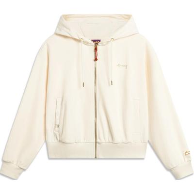 Li Ning Daily Prosperity Series Comfortable Casual Loose Fit Hooded Zip-Up Cardigan Sweatshirt Women Sweatshirt Off-White AWDU036-4