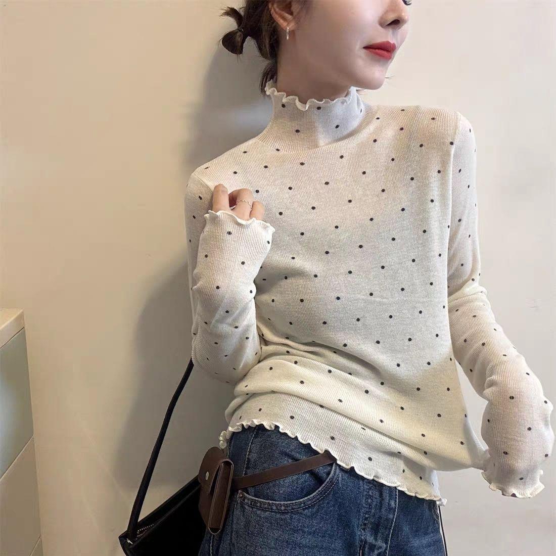 

Women s Plus Size Ruffled Velvet High Neck Long Sleeve T-shirt - Slimming and Flattering Autumn/Winter Base Layer XL (121-140 jin)