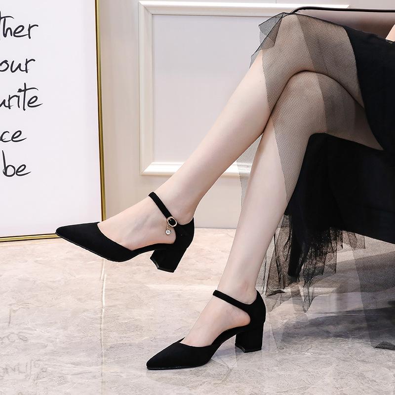 Pointed thick heel high heels mid heel 2025 new hollow women's shoes comfortable versatile fashion work shoes solid color black