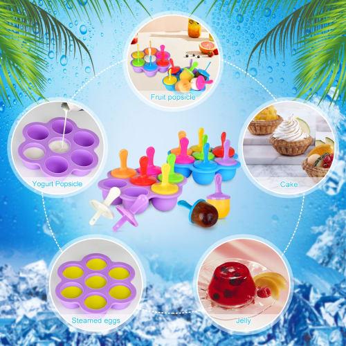 2-Pack Popsicle Molds, Silicone Mini Ice Pop Molds with Colorful Popsicle Sticks, BPA-Free Food Storage Containers, and 7 Round Ice Cube Trays