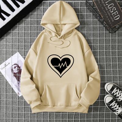 Dames Fleece Gevoerde Hoodie Effen Kleur Hart Print Kangoeroezak Trekkoord Bedrukte Capuchontrui Streetwear