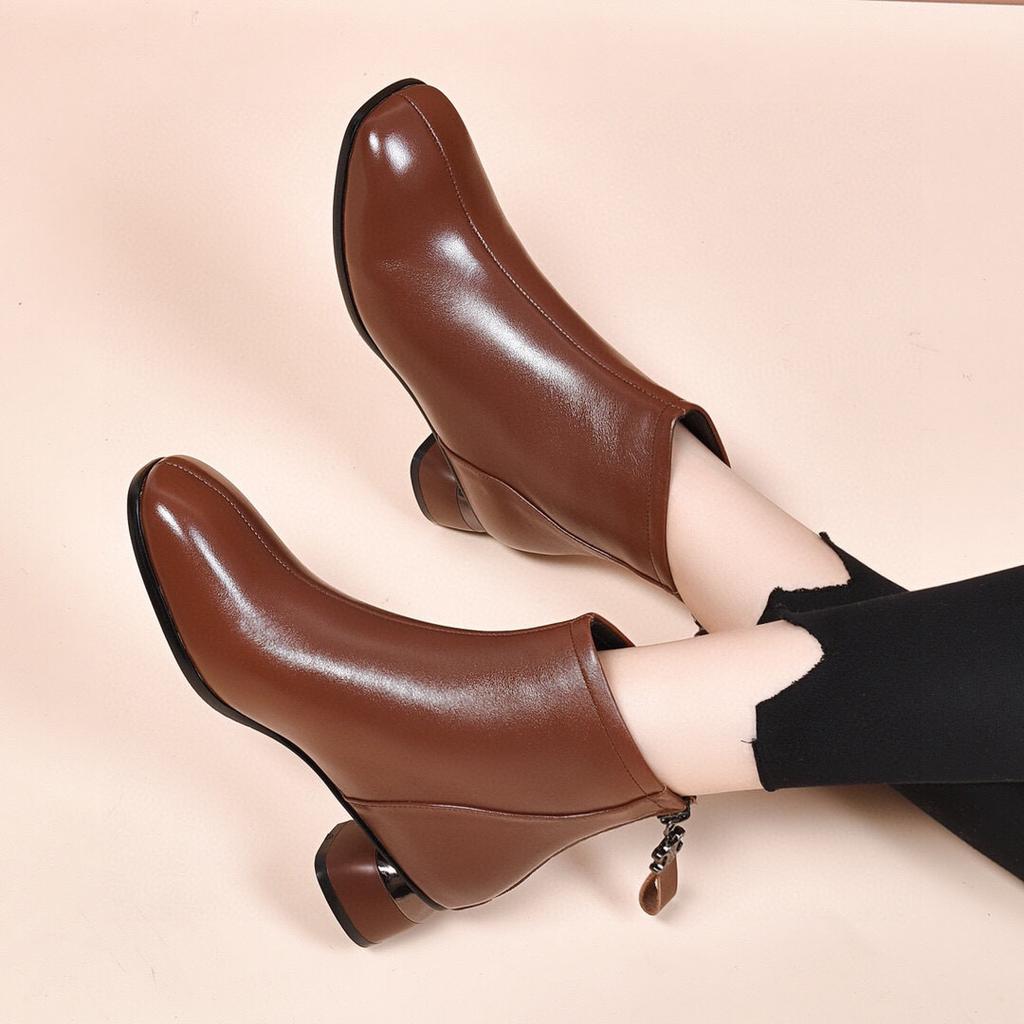 New Thick Heel Small Short Boots Versatile Spring and Autumn Single Boots Soft Sole Brown Square Head Autumn and Winter Velvet Women's Leather Shoes