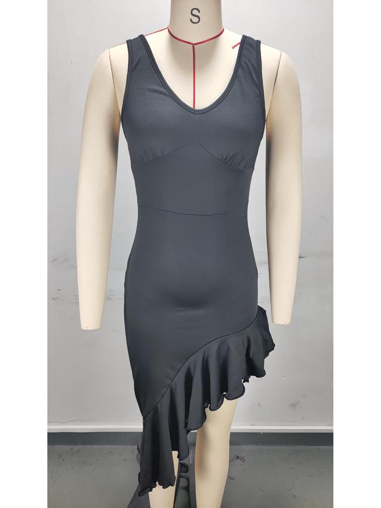 2024 Summer Silky Solid V-Neck Ruffle Hem Mid-Length Dress