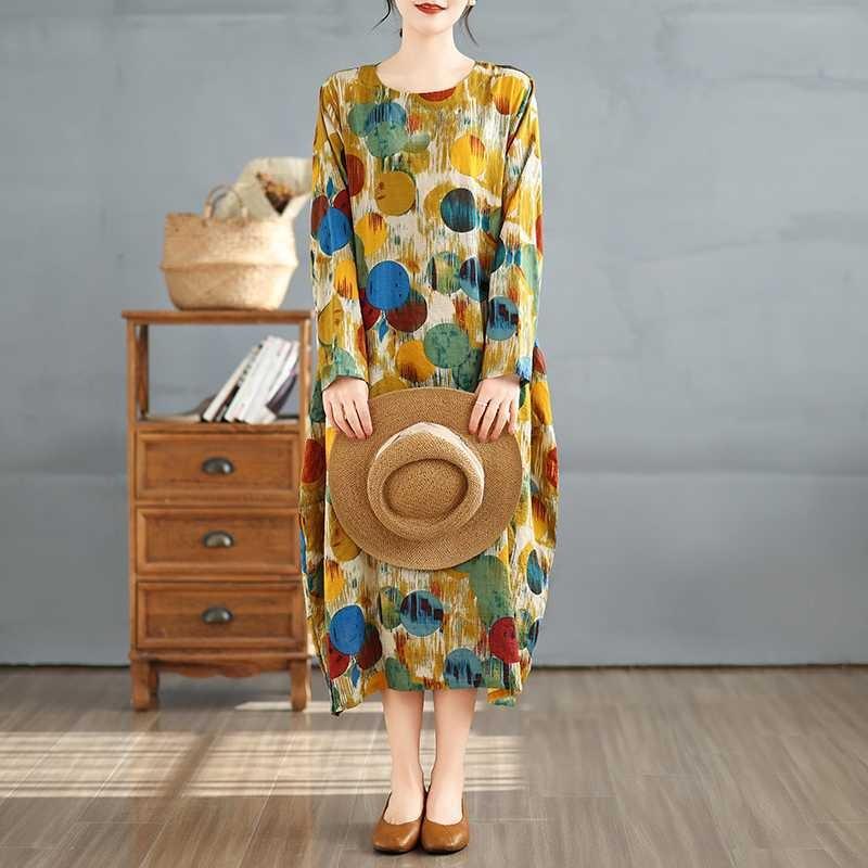 New Vintage Printed Round Neck Long Sleeve Plus Size Long Dresses