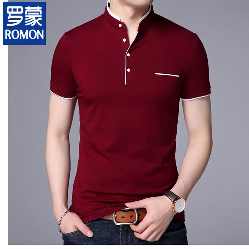 

ROMON Men s Stand Collar Cotton Blend T-Shirt with Pocket 40
