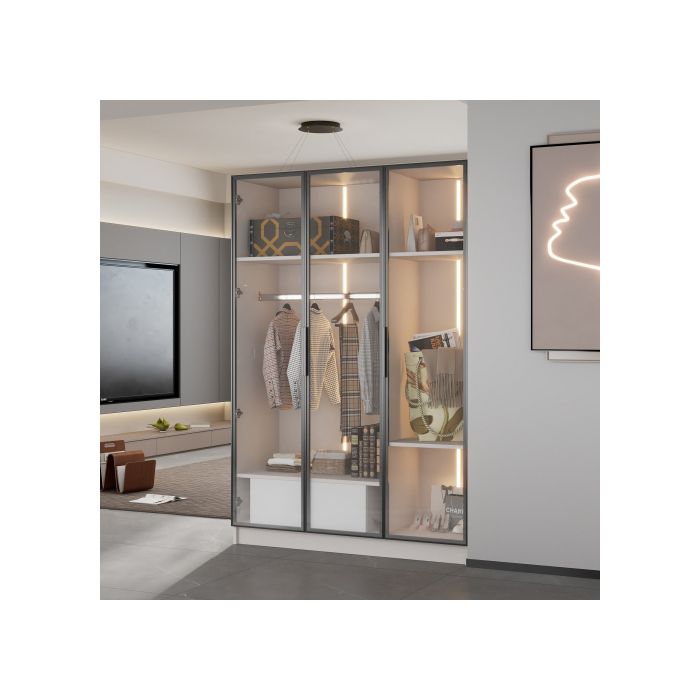 Prostorná bílá skříň se 3 prosklenými dveřmi, 1 zásuvkou a 1 šatní tyčí - 110*50*160 cm - s LED osvětlením