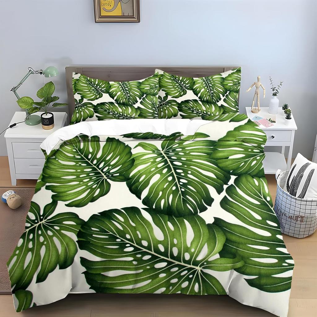 Tropical Leaves Duvet Cover Twin King Palm Leaf Pattern Bedding Set for Boys Girl Room Botanical Monstera Leaves Comforter Cover