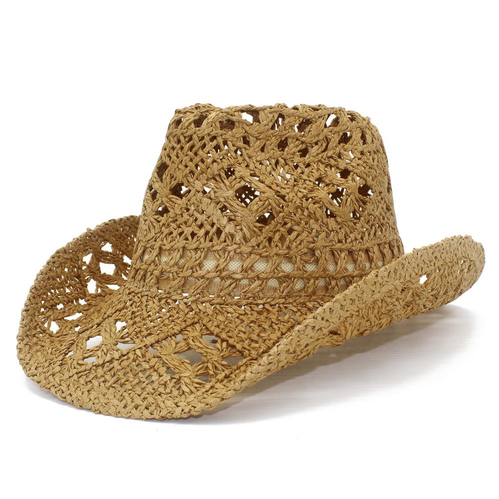 European and American Style Hand-woven Hollow Cowboy Hat Spring and Summer Girls Travel Sunshade Straw Hat Fashion Versatile Vacation Hat