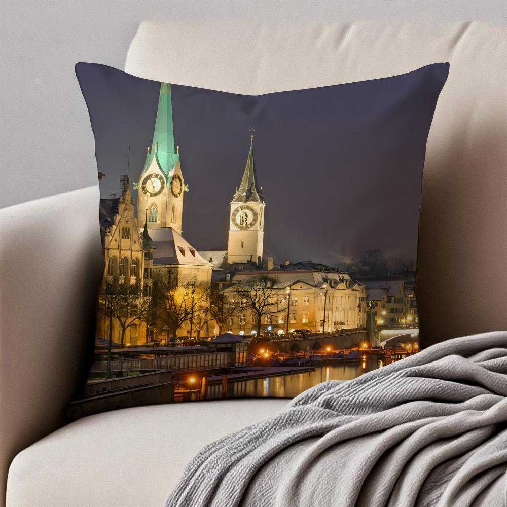 1PCS Classical LLake Zurich Cushion Cover Pillowcase Antidustmite Invisible Zipper Short Plush Sofa Cushion