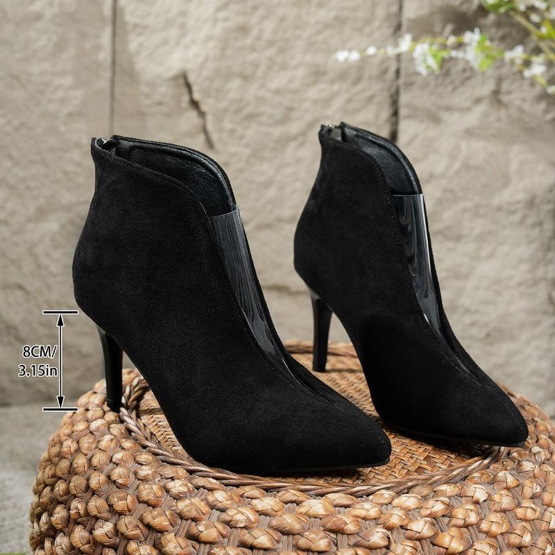 Fashion Slim Heel Single Boots Women's Fall New Pointed Toe Spliced Suede Non-Slip Wear-Resistant Rear Zip Shorthole