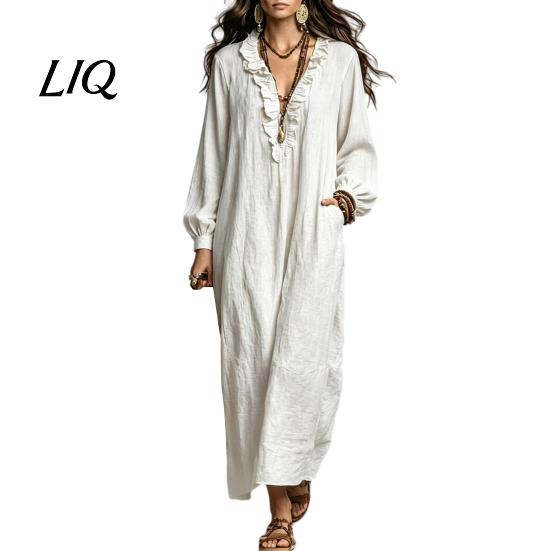 Lady Casual Dress Women Ruffle V Neck Long Dress, Loose Fit Midi Dresses Solid Color Sleeves for Spring Autumn
