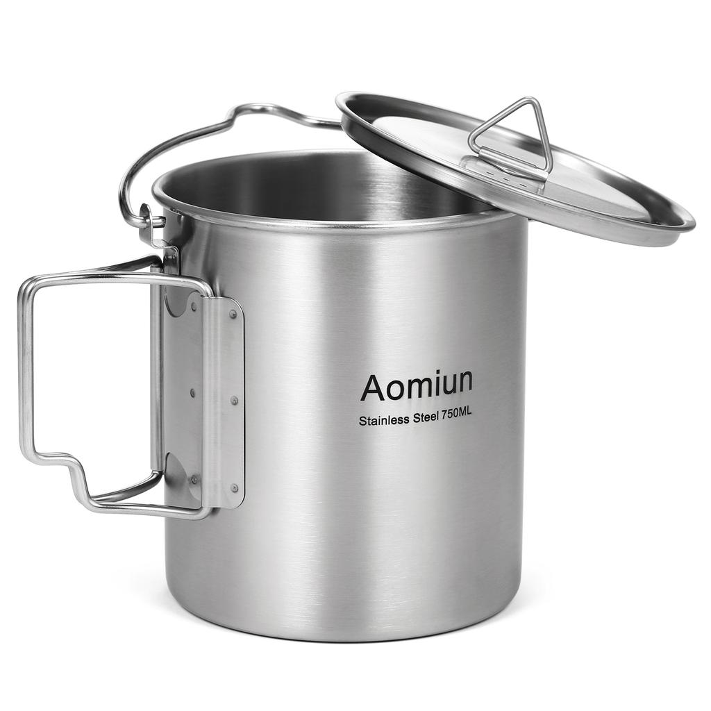 Aomiun 750ml Stainless Steel Pot Portable Water Mug Cup with Lid and Foldable Handle Outdoor Camping Cooking Picnic outdoor cup