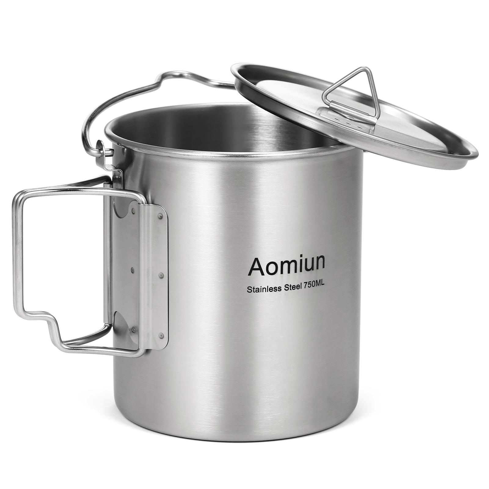 

Aomiun 750ml Stainless Steel Pot Portable Water Mug Cup with Lid and Foldable Handle Outdoor Camping Cooking Picnic outdoor cup