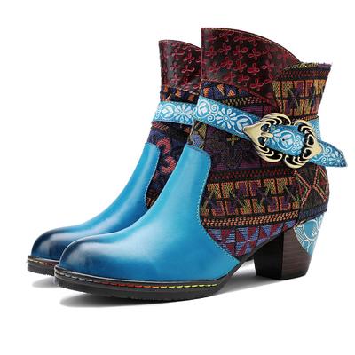 Couro genuíno retalhos salto alto retro em relevo pintados à mão bombas versáteis sapatos femininos