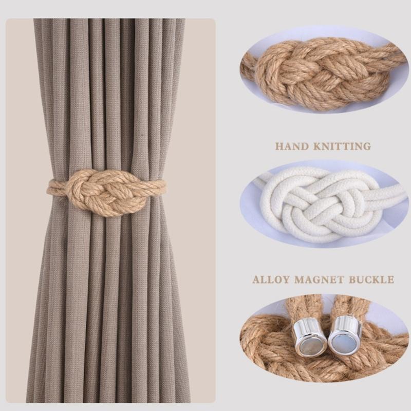 Magnetic Hemps Curtain Tiebacks,Decorative Drapery Holdbacks Bohemians Styles Woven Curtain Tie Back with Exquisite Knot