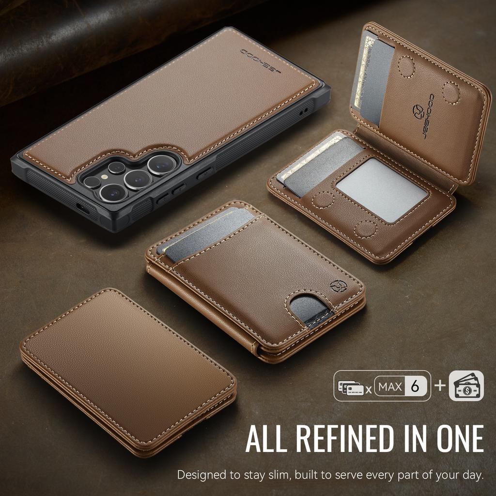 For Samsung Galaxy S26 Ultra Magnetic Case JEEHOOD J10 Leather Back Phone Cover with Detachable Card Holder Kickstand