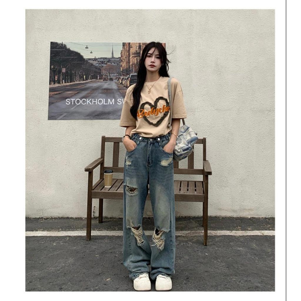 American Retro Ripped Jeans for Women High Waist Straight Loose Slimming Design High Street Vibe Wide Leg Floor-Length Pants