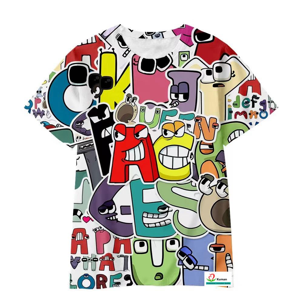 Cute Cartoon Letter Series 3D Digital Printed Round Neck Short Sleeve T-Shirt for Children 100