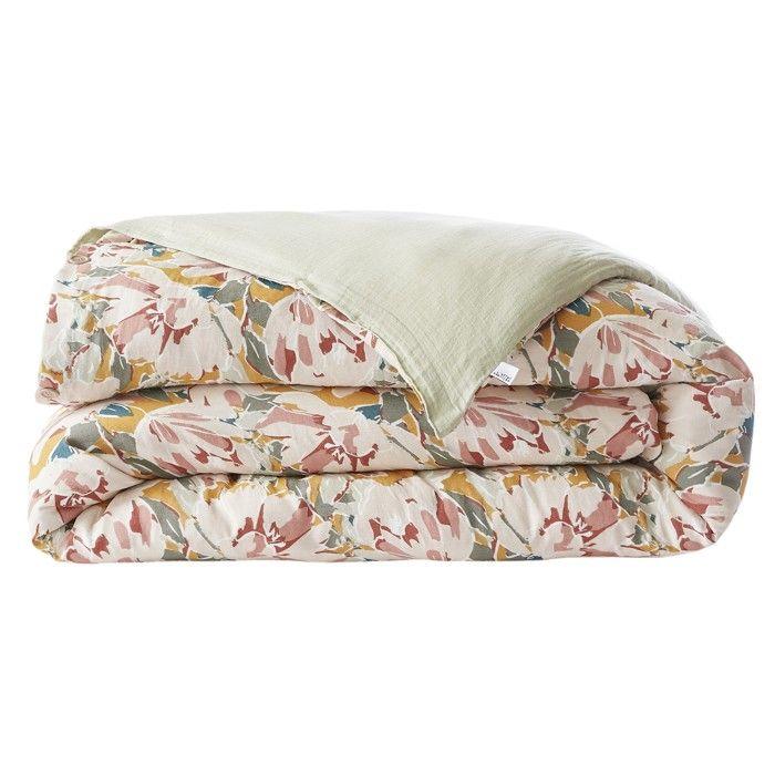 Housse De Couette - CLARENCE - 240 X 260 Cm - Double Gaze De Coton - Motif Floral - Vert D’eau