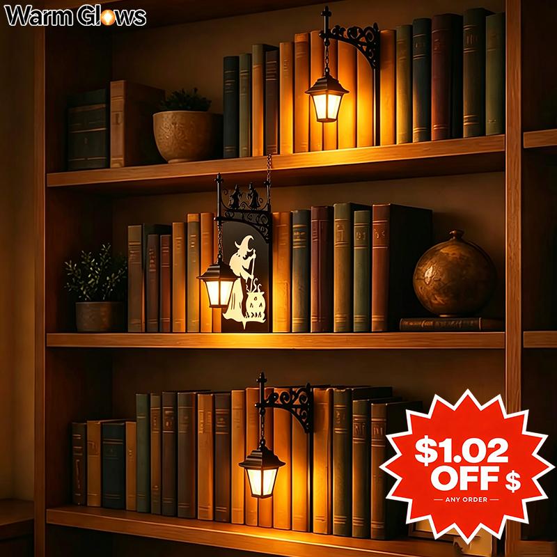 Mini Library Lantern Decorative Bookshelf Lamp Decoration,Halloween Witch Hanging Vintage Metal Divid Lamp with Bulb