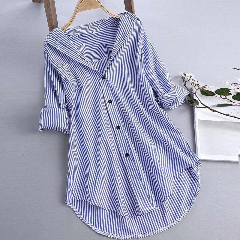 Gestreiftes, bedrucktes, langärmliges Damen-Hemd mit halben Knöpfen für den Sommer, lässig, tailliert