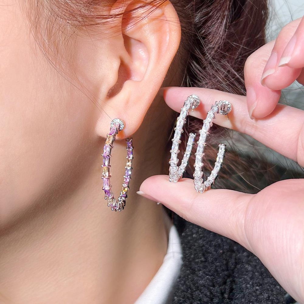 Chic Ear Jewelry Silver Plated Double Sided CZ Cubic Zirconia Bamboo Shape Hoop Earrings for Women Prom Wedding Dress Accessory