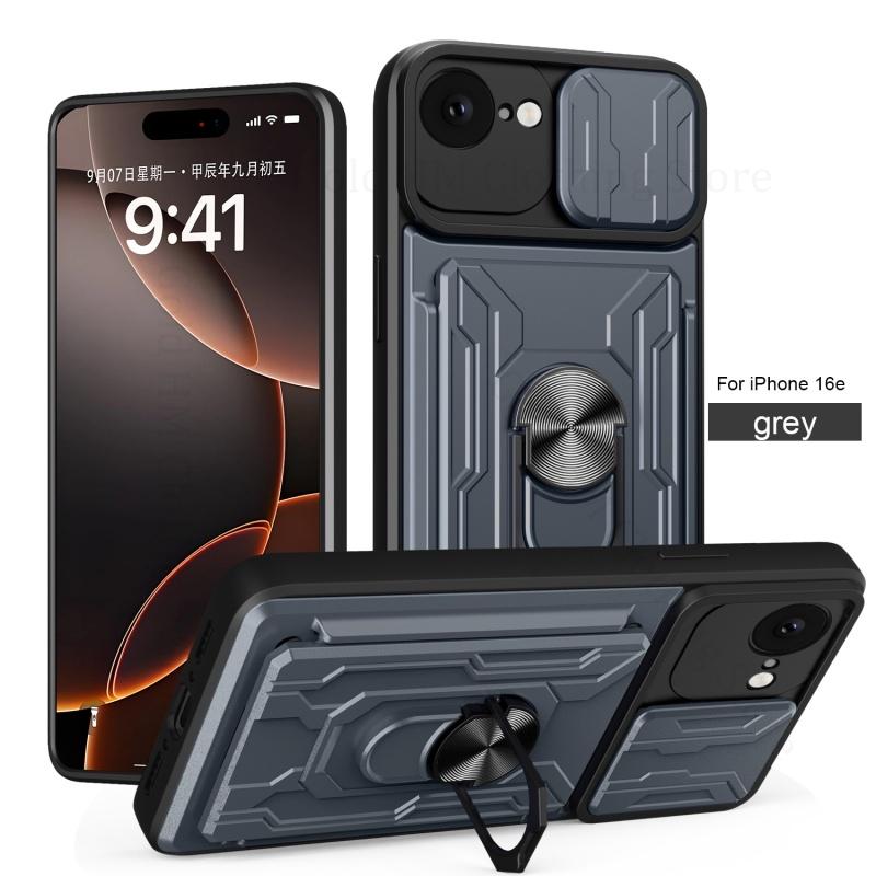 Push Window Card Slot Phone Armor Case For iPhone 16e SE4 20205 Heavy Duty Slide Lens Protector Ring Holder Stand Cover For Apple 16 15 14 13 Pro Max