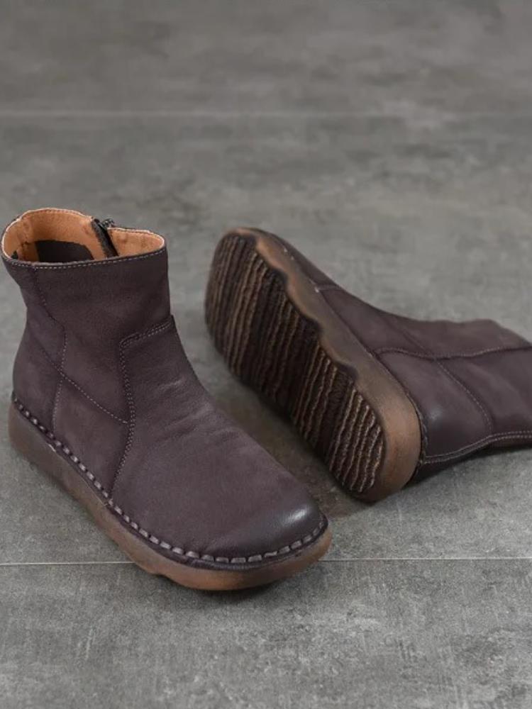 Johnature Versatile Women's Short Boots Round Toe Side Zipper Retro Genuine Leather Flat Boots