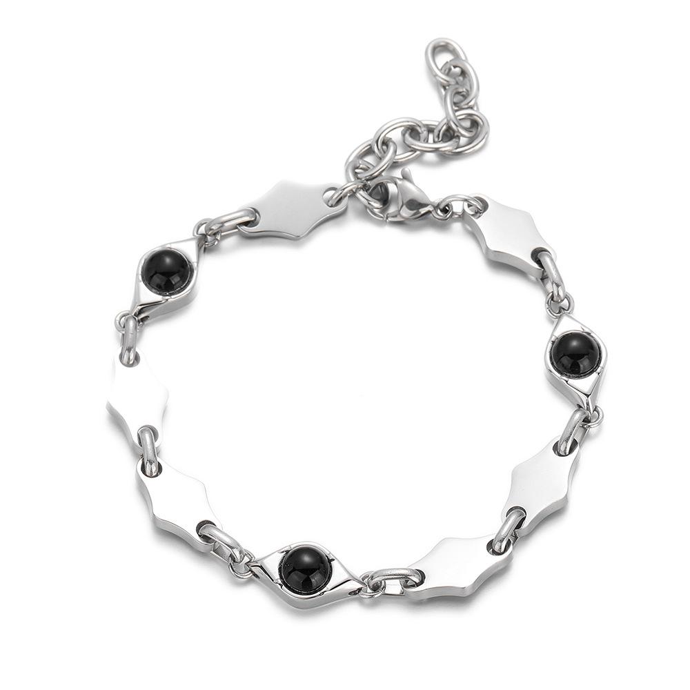 Hot Selling Stainless Steel Rhombus Splicing Obsidian Bracelet for Men and Women, Non-Fading Jewelry, High-End Simple Bracelet