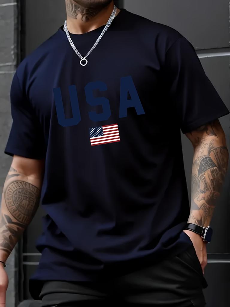 Pánské ležérní tričko s kulatým výstřihem a potiskem vlajky USA, pletenina, regular střih s krátkým rukávem