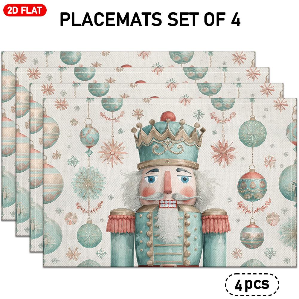 4pcs or 6pcs Linen Placemats Compatible for Nutcracker & Ornaments - Elegant Christmas Table Mats with Snowflake Patterns, Rectangular Xmas Table Deco