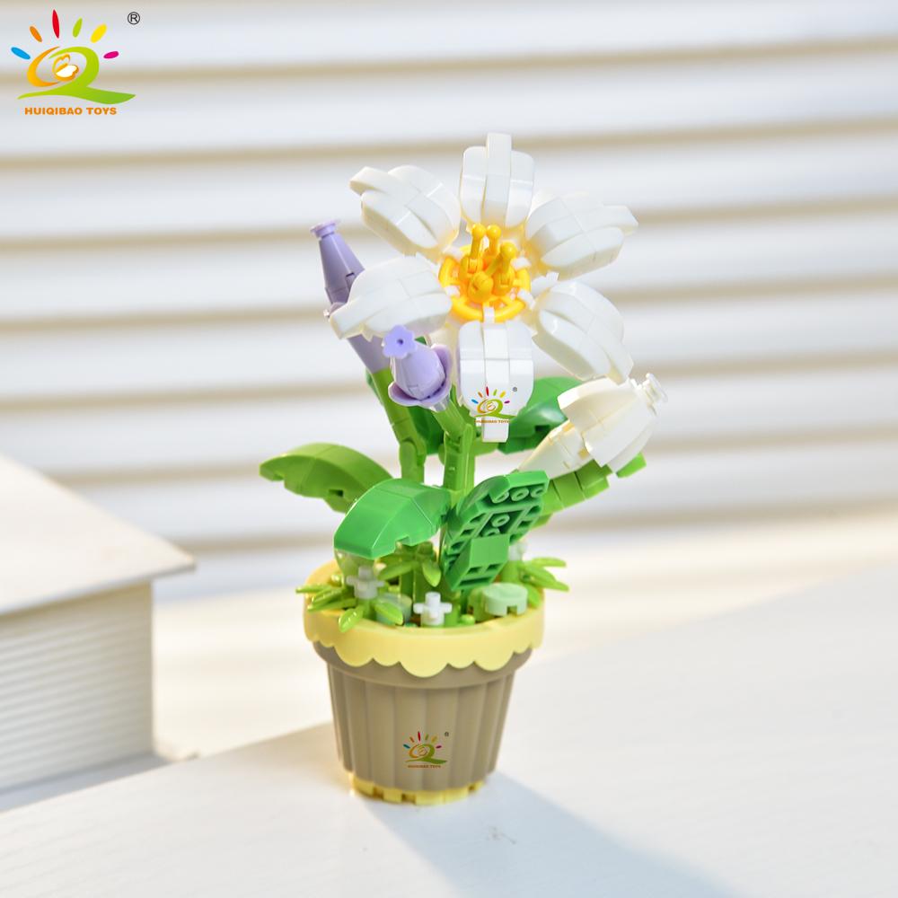 HUIQIBAO MOC Bouquet Potted Plant Micro Building Blocks Eternal Flower Model DIY Home Desk Decoration Brick Toy For Children