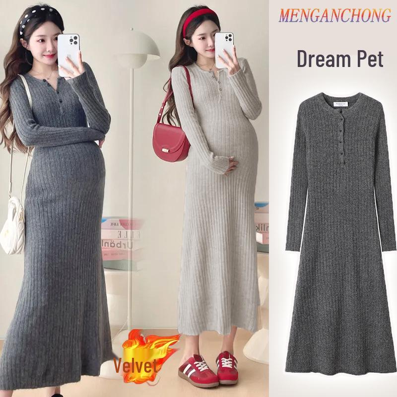 Maternity French Style Dress: Spring/Autumn Innerwear, Plus Velvet Warm, Solid Color, Round Neck, Belly Support, Slimming
