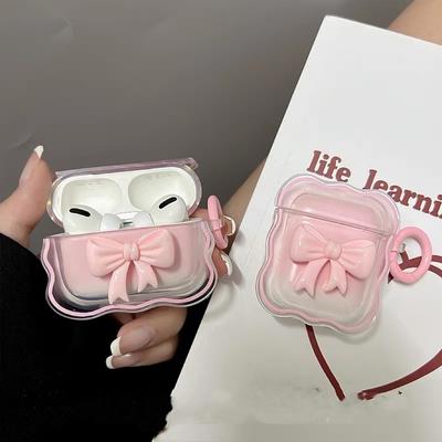 3D Bow Wave Case for Apple AirPods 1 2 Case Pink Floral Girls Cover for AirPods Pro Wireless Box With Keychain