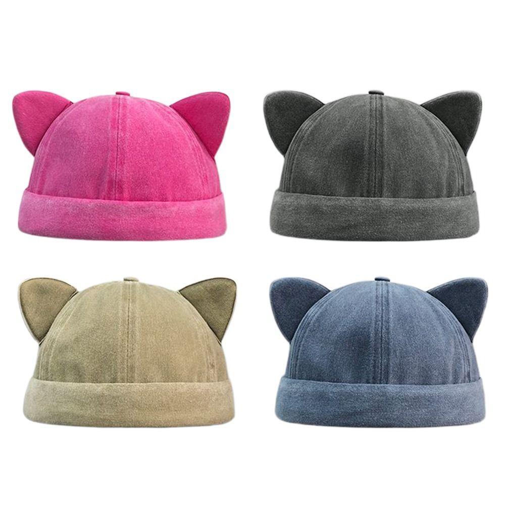 Sweet Cat Ears Brimless Hat Adjustable Basin Hat Foldable Solid Color Beanie Hat  Unisex